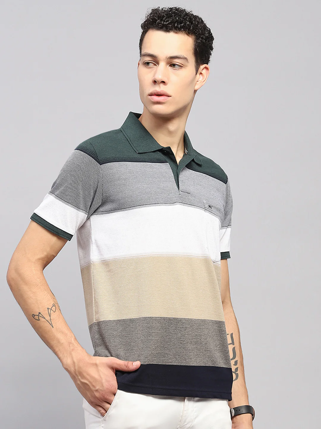 Men Green Stripe Collar Half Sleeve T-Shirt - Image 4