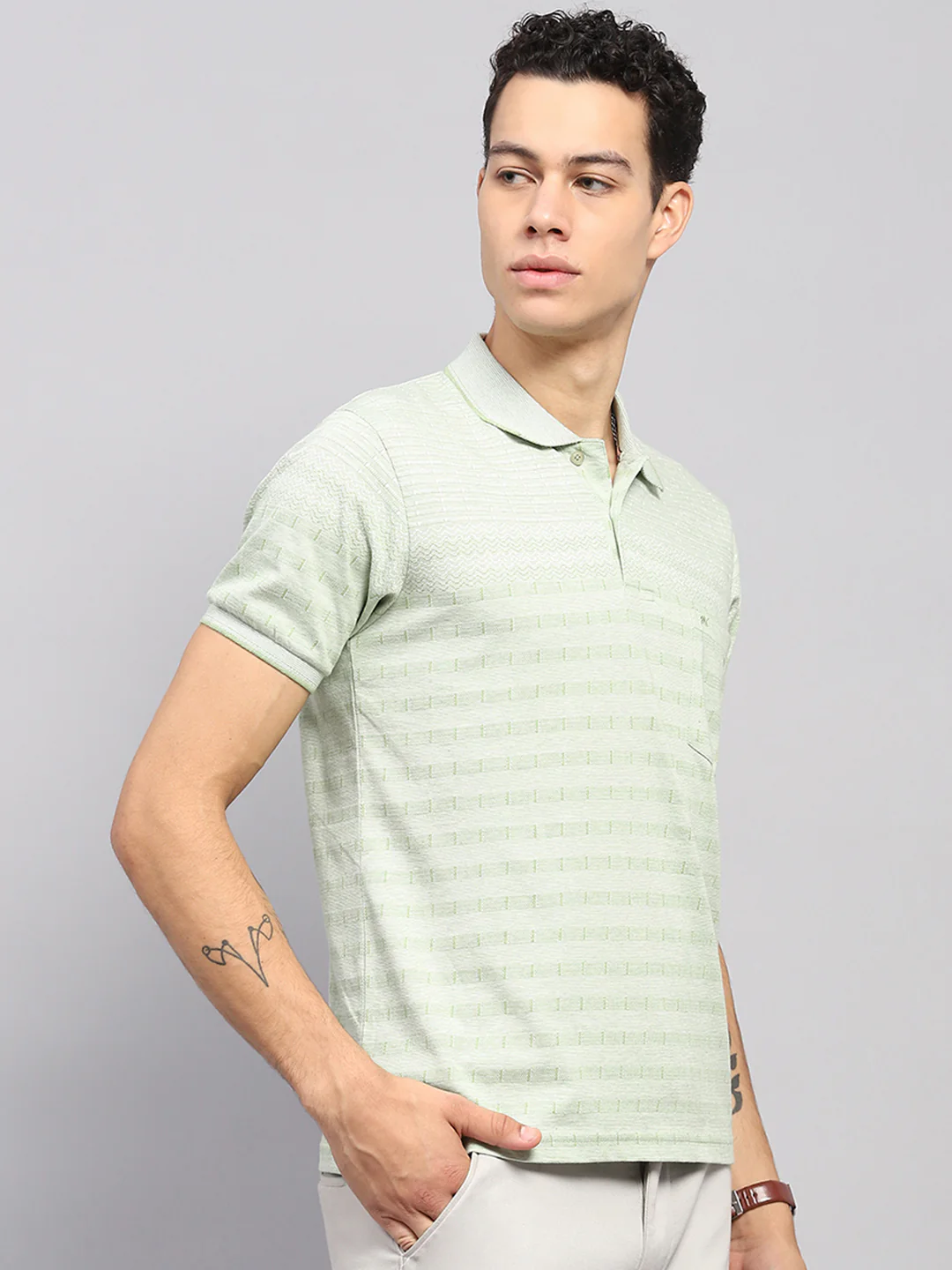 Men Green Stripe Collar Half Sleeve T-Shirt - Image 4