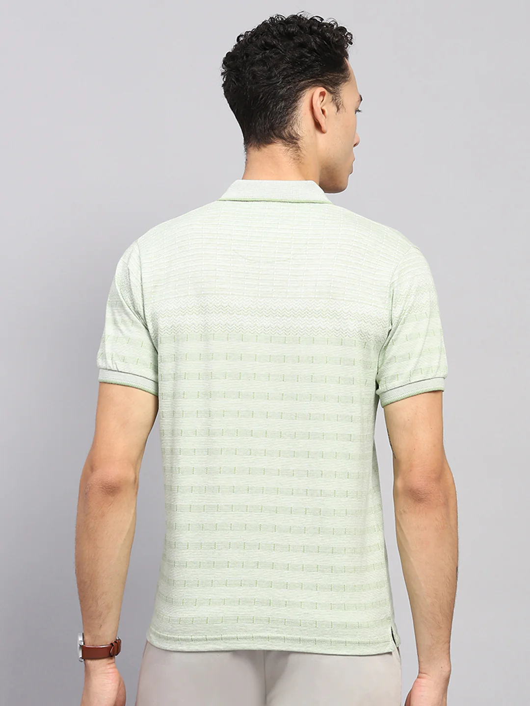 Men Green Stripe Collar Half Sleeve T-Shirt - Image 5