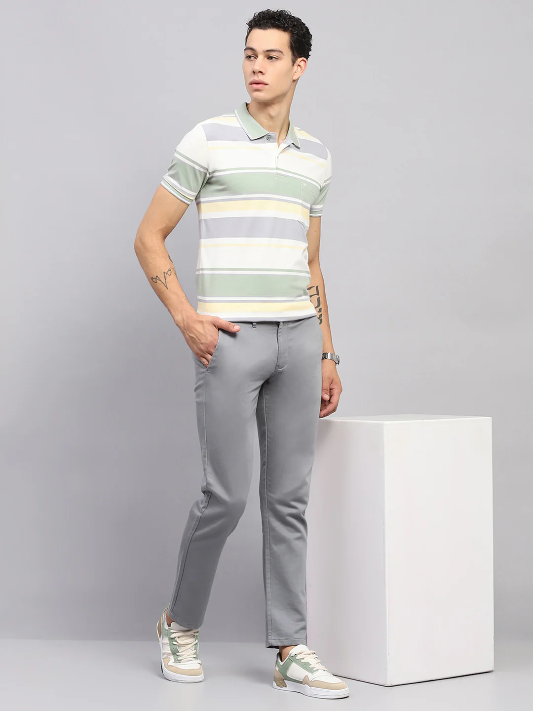 Men Green Stripe Collar Half Sleeve T-Shirt - Image 2