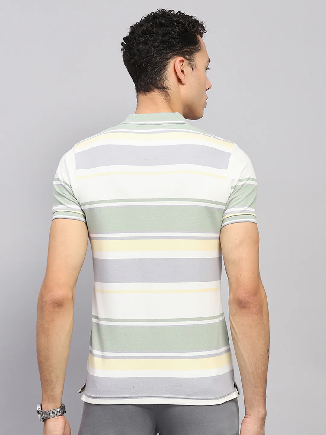 Men Green Stripe Collar Half Sleeve T-Shirt - Image 5
