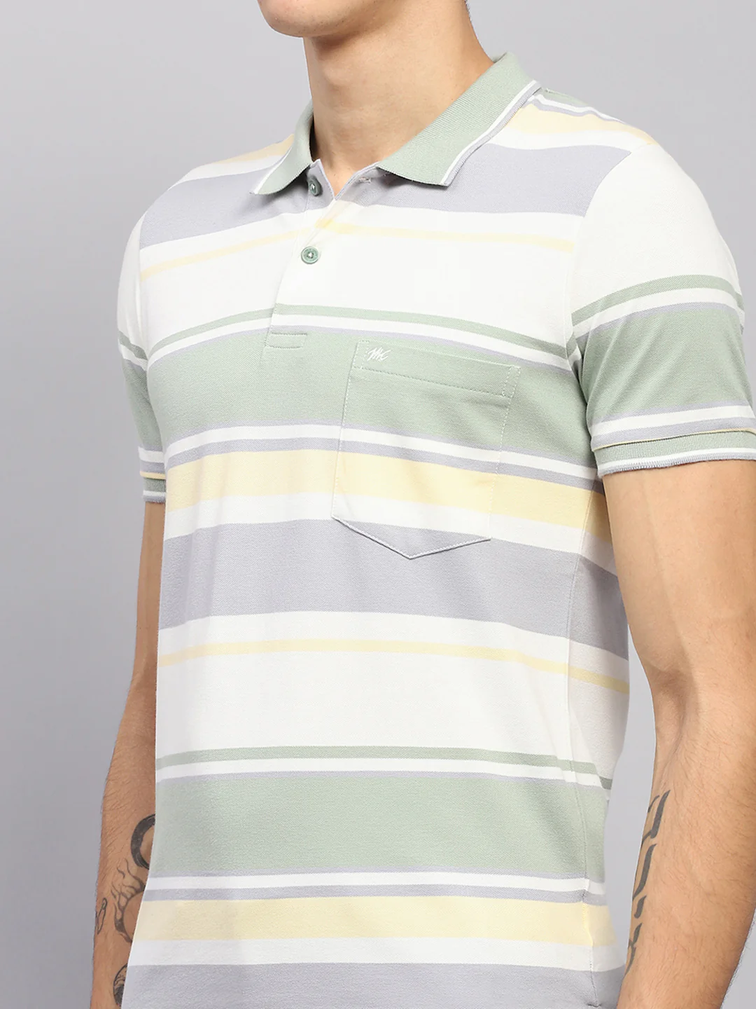 Men Green Stripe Collar Half Sleeve T-Shirt - Image 6