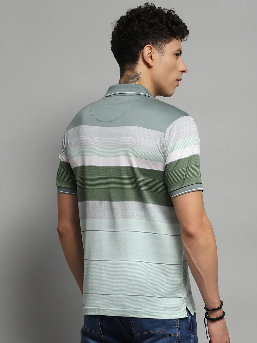 Luxuria Men Green Stripe Collar Half Sleeve T-Shirt - Image 5