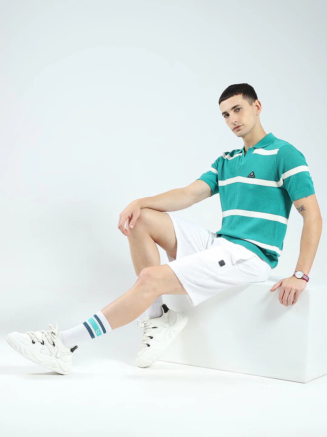 Rock.it Men Green Stripe Collar Half Sleeve T-Shirt - Image 2