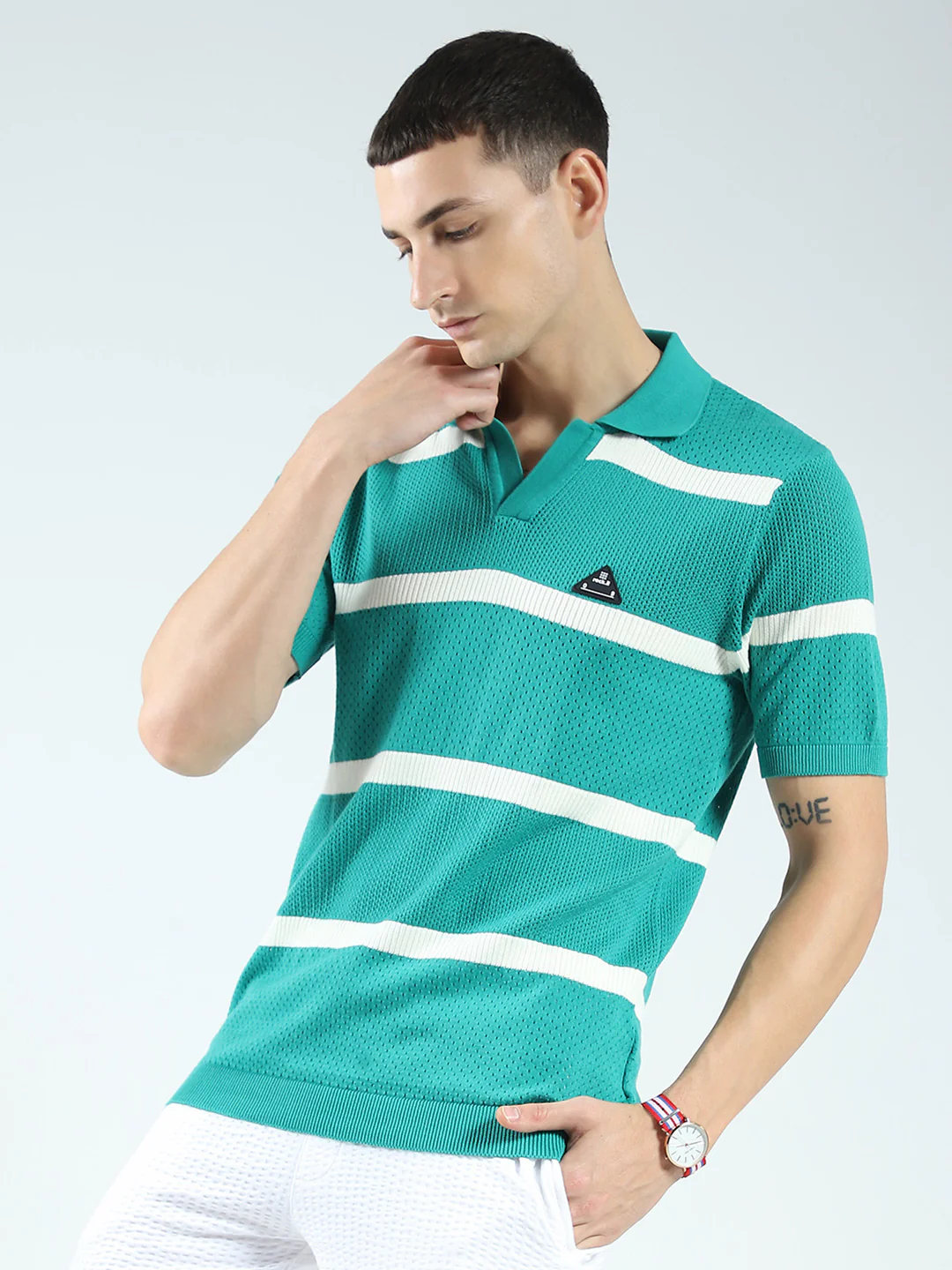 Rock.it Men Green Stripe Collar Half Sleeve T-Shirt - Image 3
