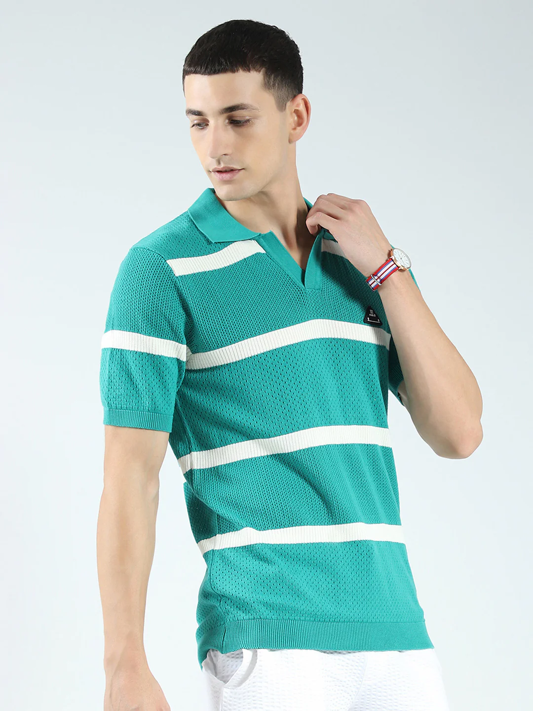 Rock.it Men Green Stripe Collar Half Sleeve T-Shirt - Image 4