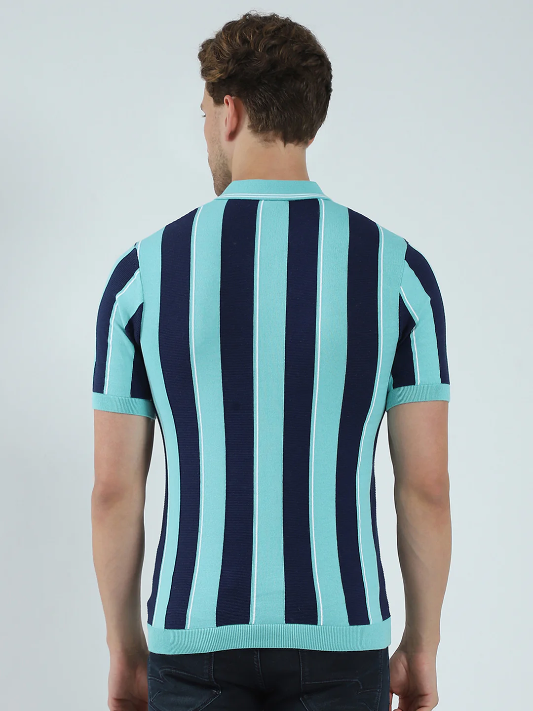 Men Green Stripe Collar Half Sleeve T-Shirt - Image 5