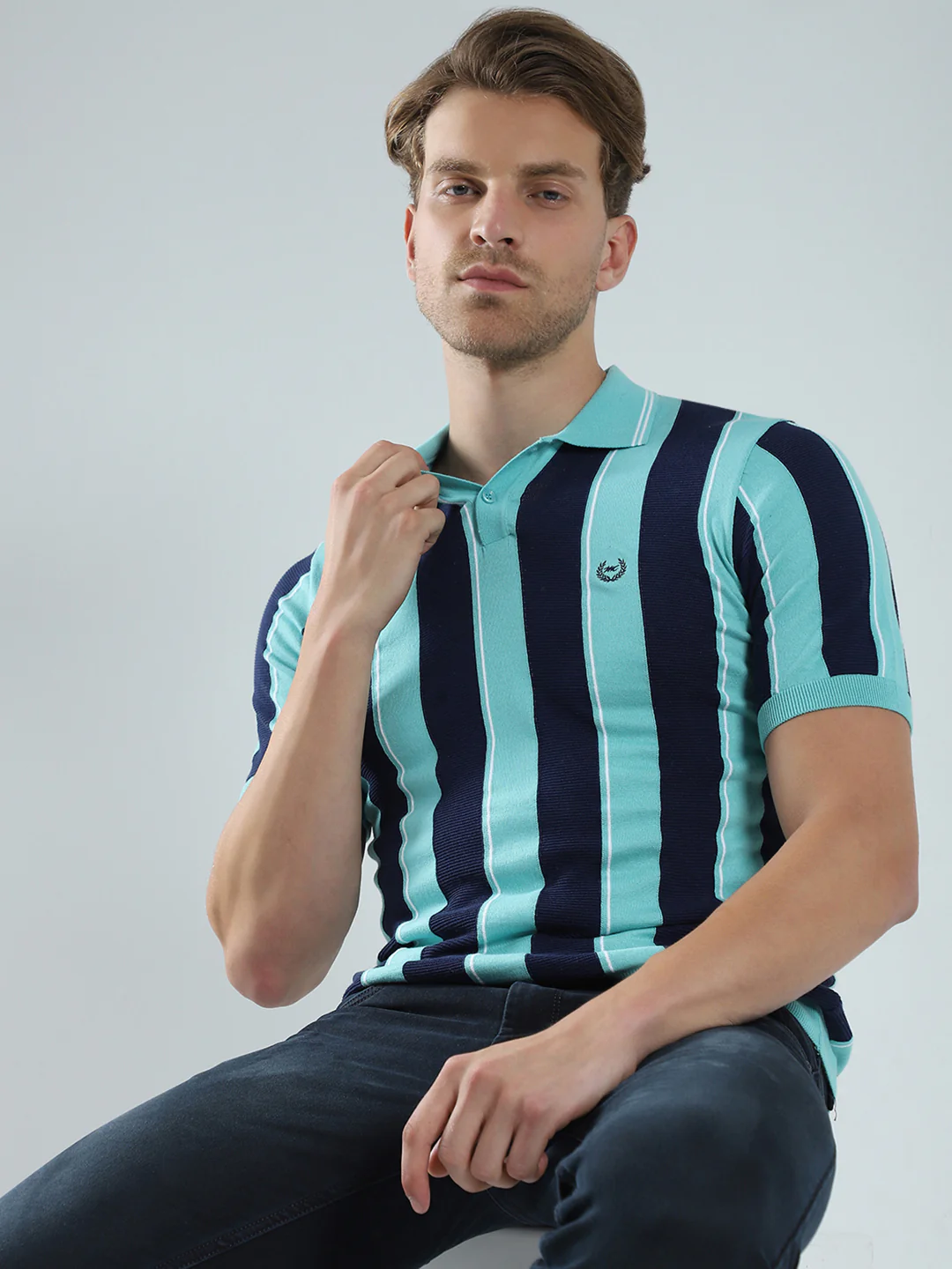Men Green Stripe Collar Half Sleeve T-Shirt - Image 6