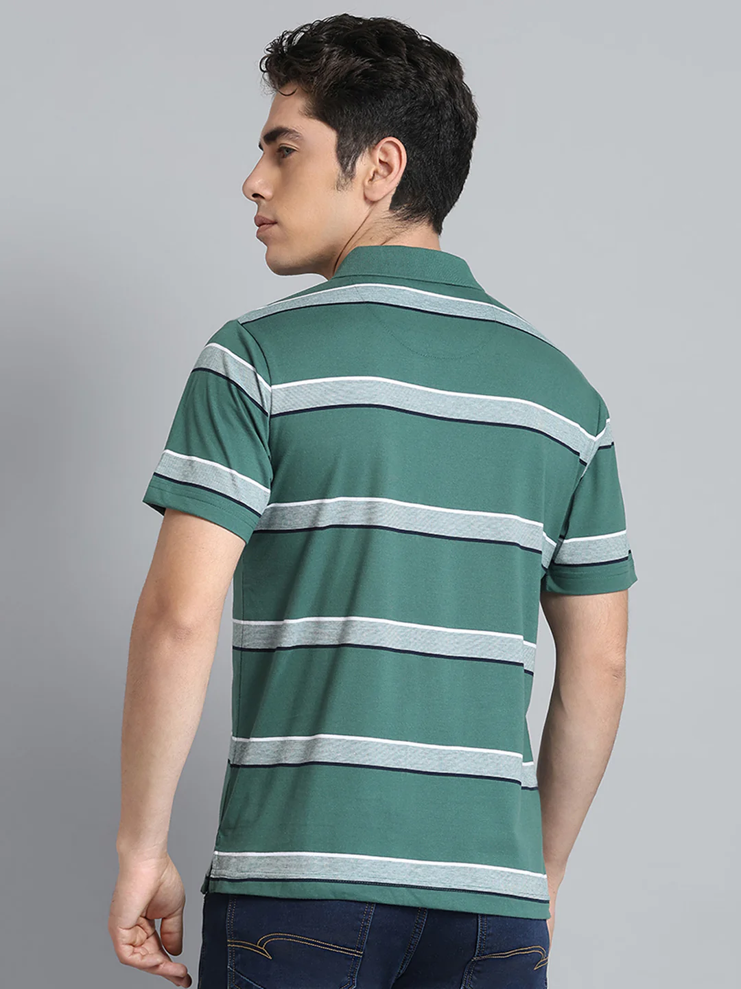 Men Green Stripe Collar Half Sleeve T-Shirt - Image 5