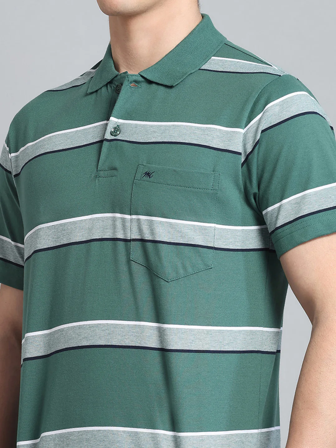 Men Green Stripe Collar Half Sleeve T-Shirt - Image 6