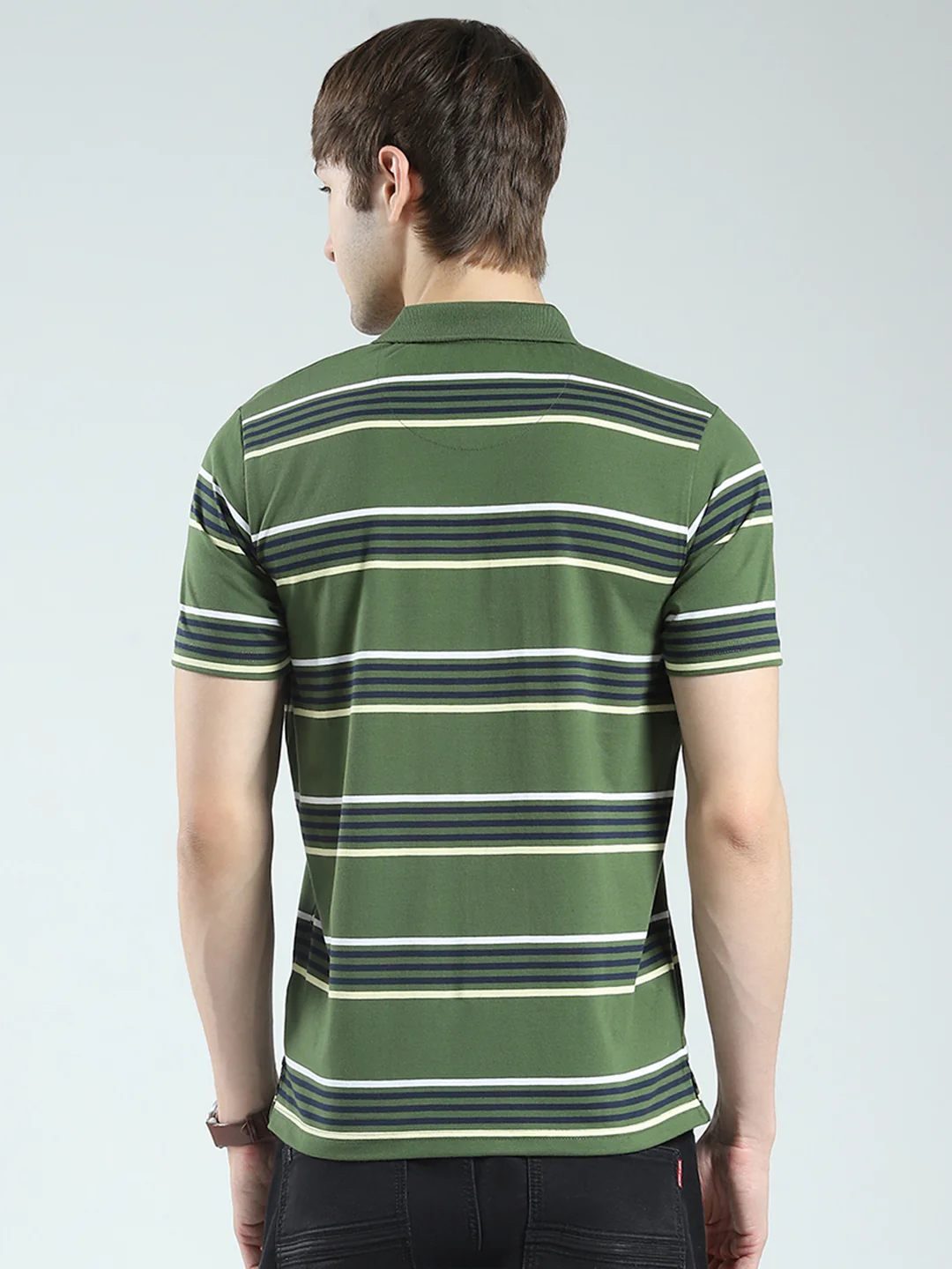 Men Green Stripe Collar Half Sleeve T-Shirt - Image 5