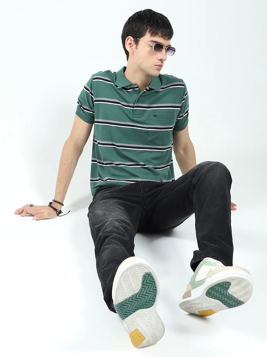 Men Green Stripe Collar Half Sleeve T-Shirt - Image 2