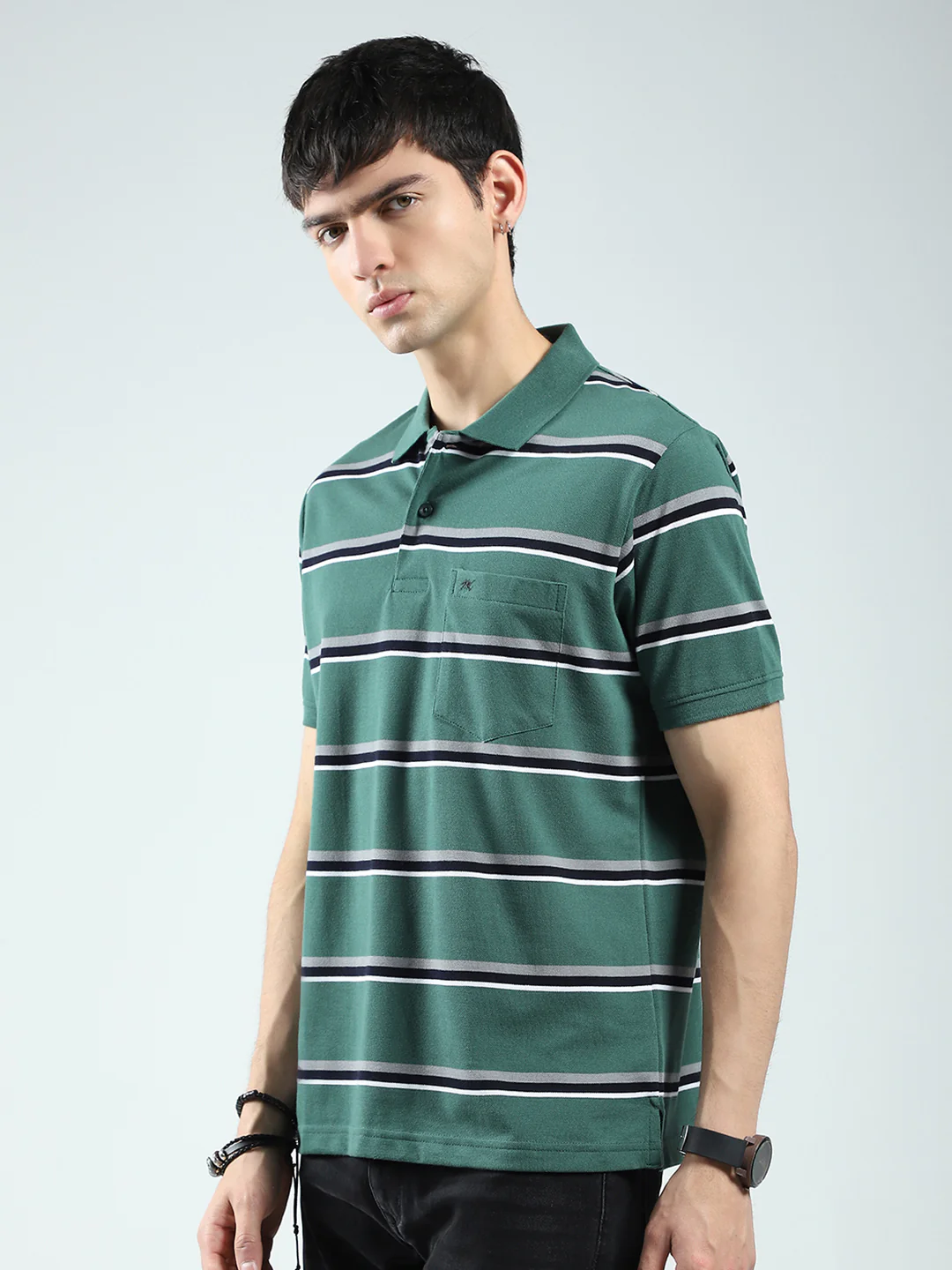 Men Green Stripe Collar Half Sleeve T-Shirt - Image 3