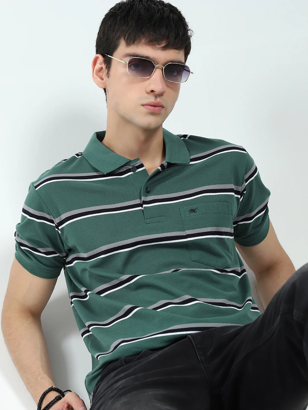 Men Green Stripe Collar Half Sleeve T-Shirt - Image 6