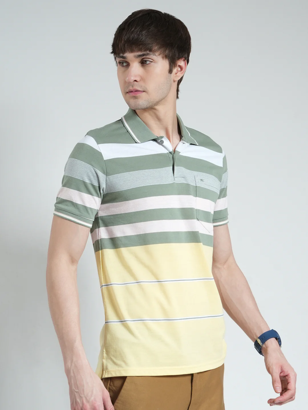 Men Green Stripe Collar Half Sleeve T-Shirt - Image 4