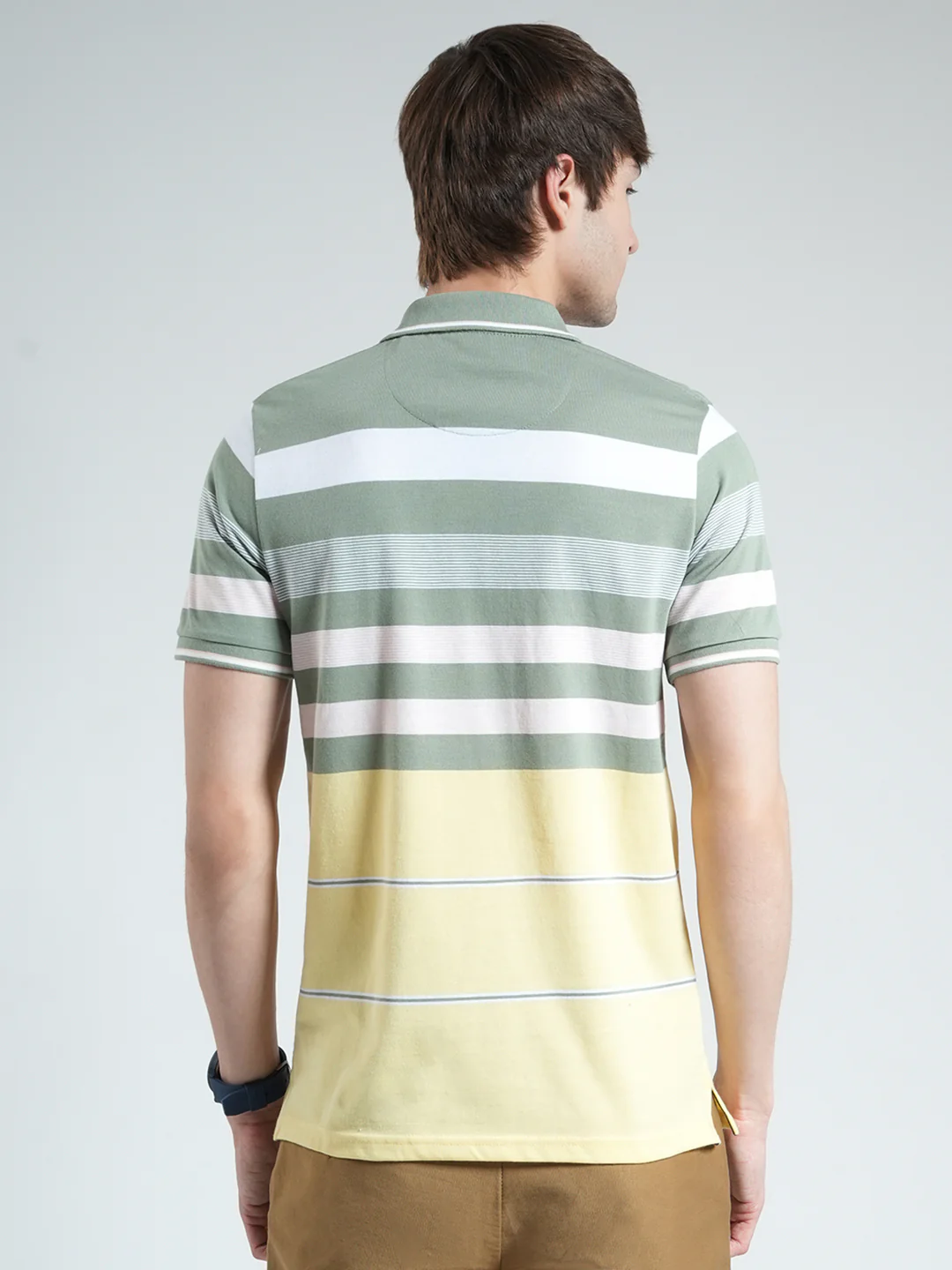 Men Green Stripe Collar Half Sleeve T-Shirt - Image 5