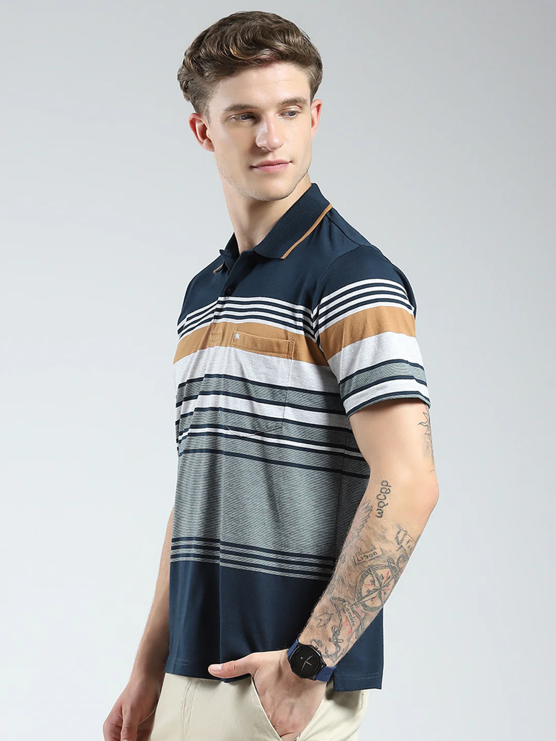 Men Green Stripe Collar Half Sleeve T-Shirt - Image 3