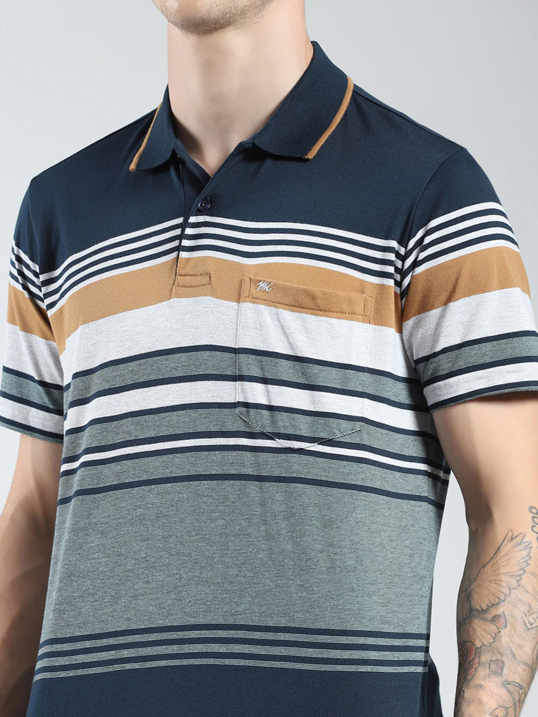 Men Green Stripe Collar Half Sleeve T-Shirt - Image 6