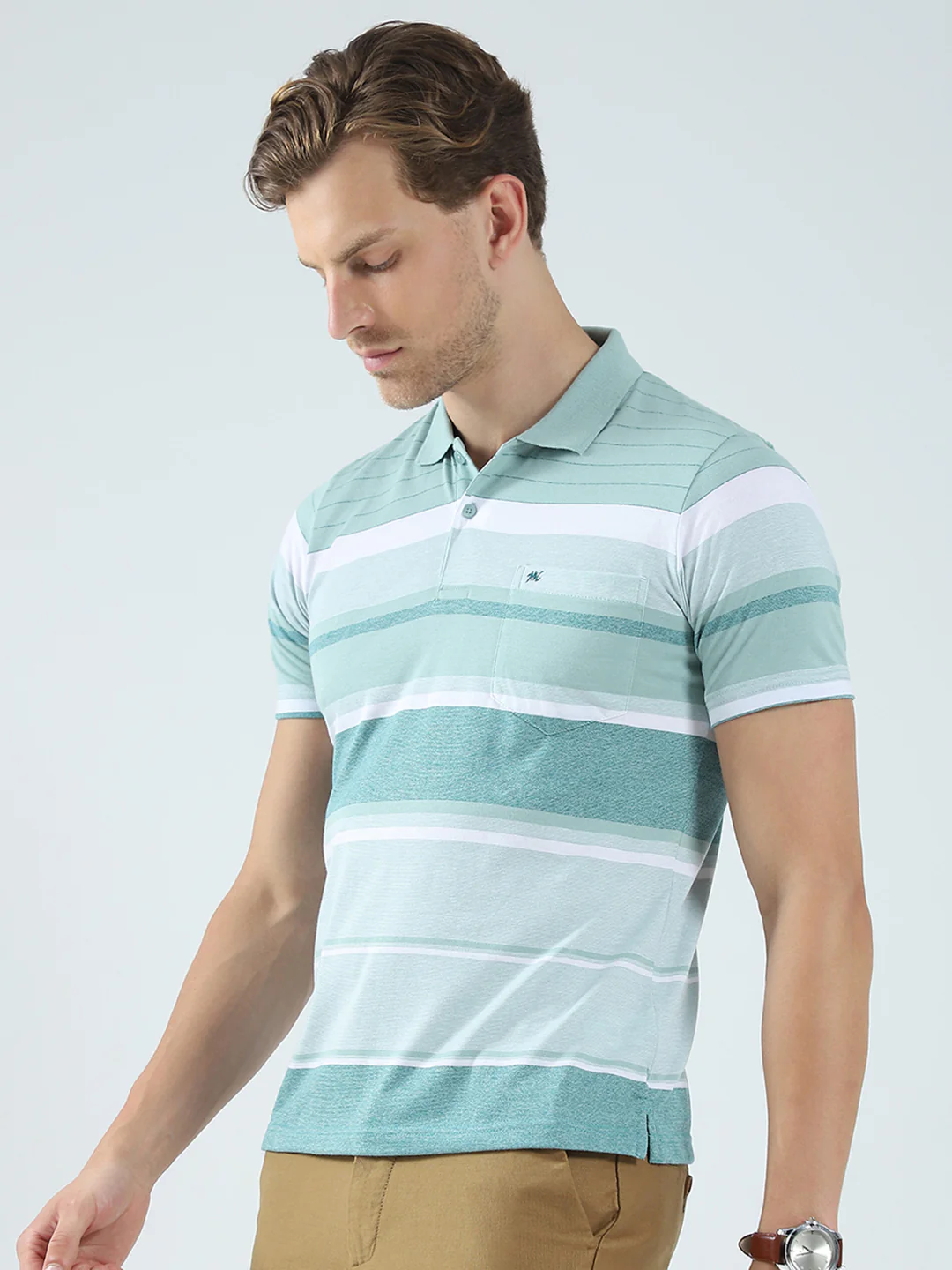 Men Green Stripe Collar Half Sleeve T-Shirt - Image 3