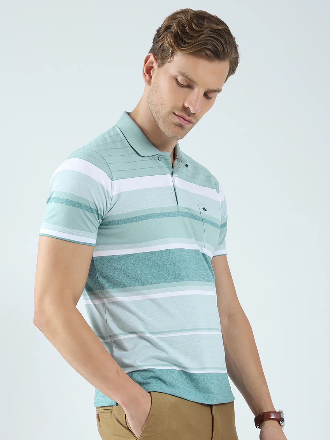 Men Green Stripe Collar Half Sleeve T-Shirt - Image 4