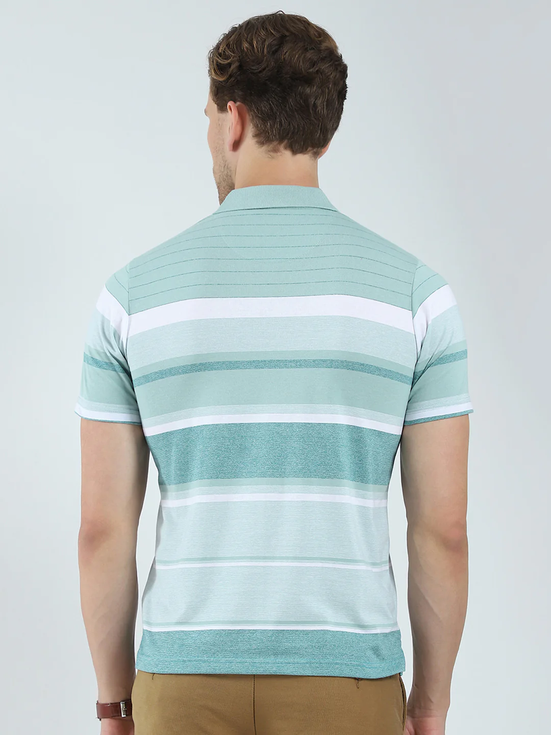 Men Green Stripe Collar Half Sleeve T-Shirt - Image 5