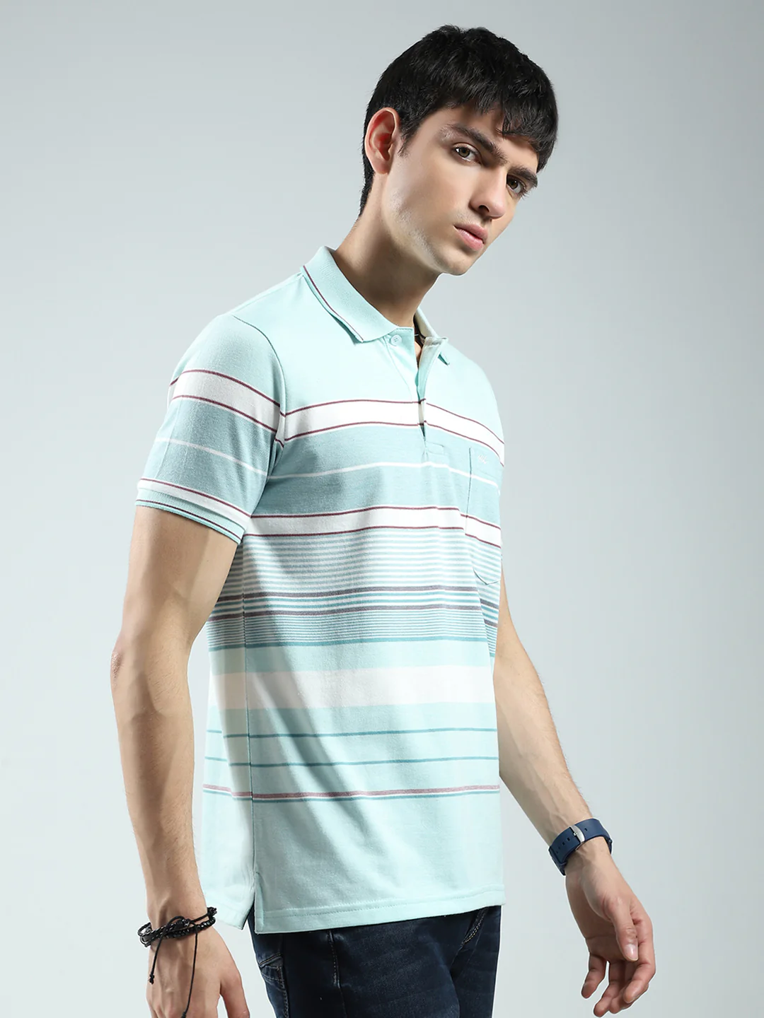Men Green Stripe Collar Half Sleeve T-Shirt - Image 4