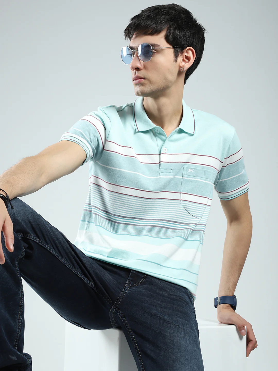 Men Green Stripe Collar Half Sleeve T-Shirt - Image 6