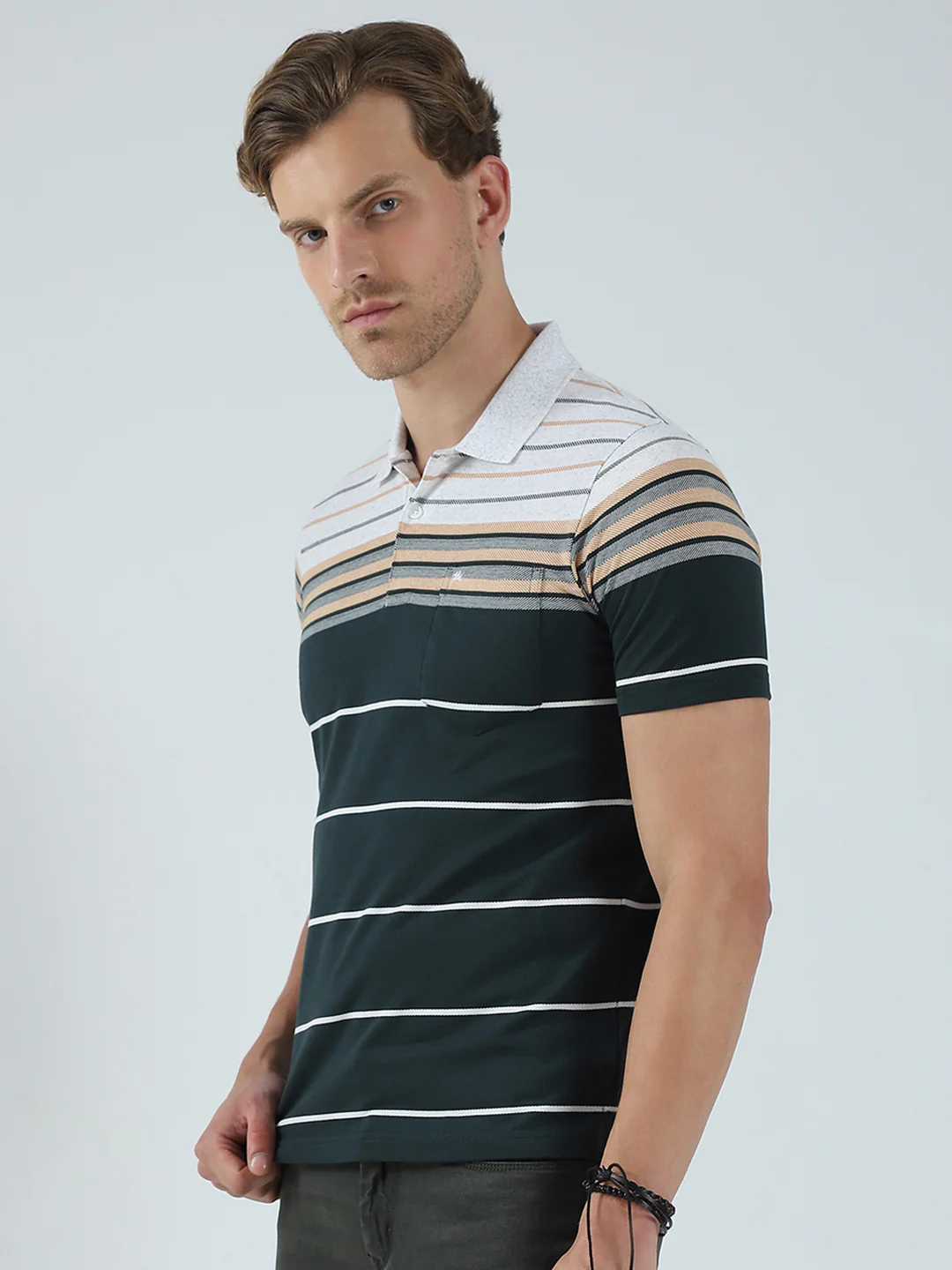Men Green Stripe Collar Half Sleeve T-Shirt - Image 3