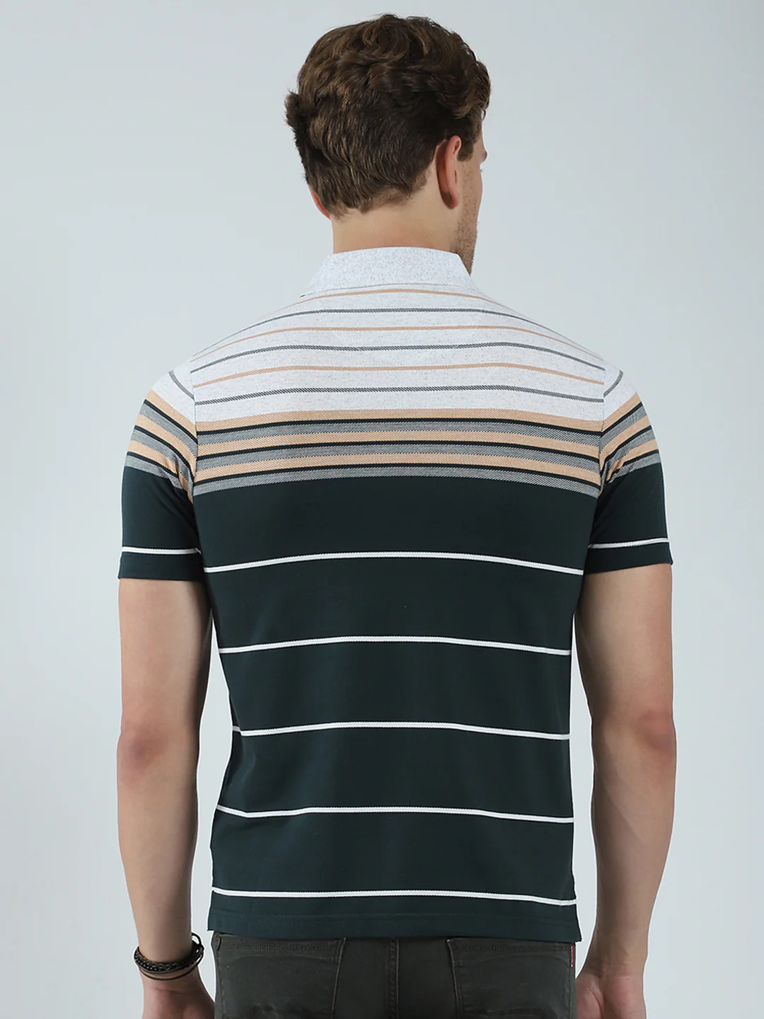 Men Green Stripe Collar Half Sleeve T-Shirt - Image 5