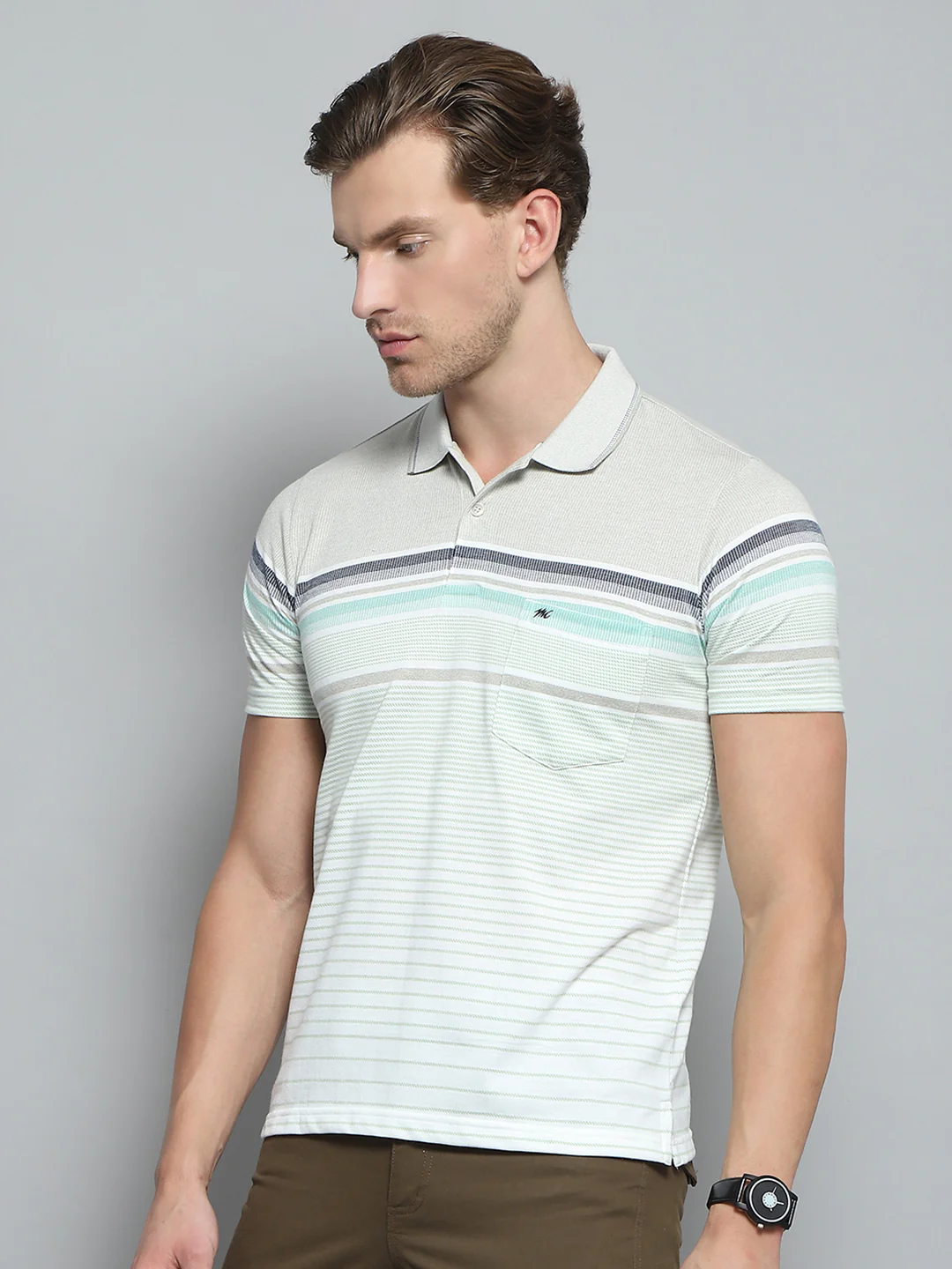 Men Green Stripe Collar Half Sleeve T-Shirt - Image 3