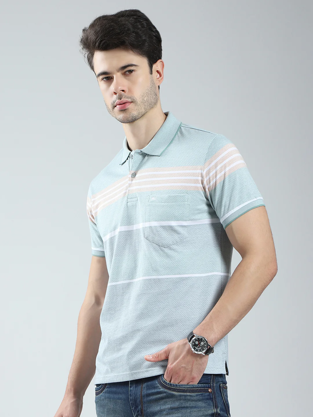 Men Green Stripe Collar Half Sleeve T-Shirt - Image 3
