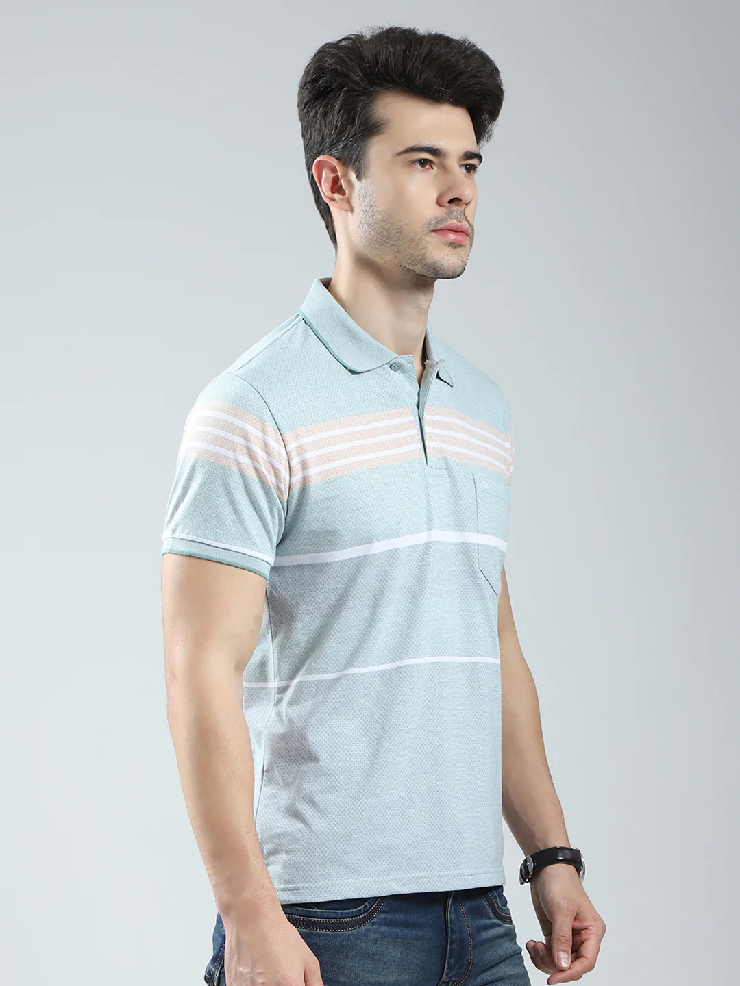 Men Green Stripe Collar Half Sleeve T-Shirt - Image 4