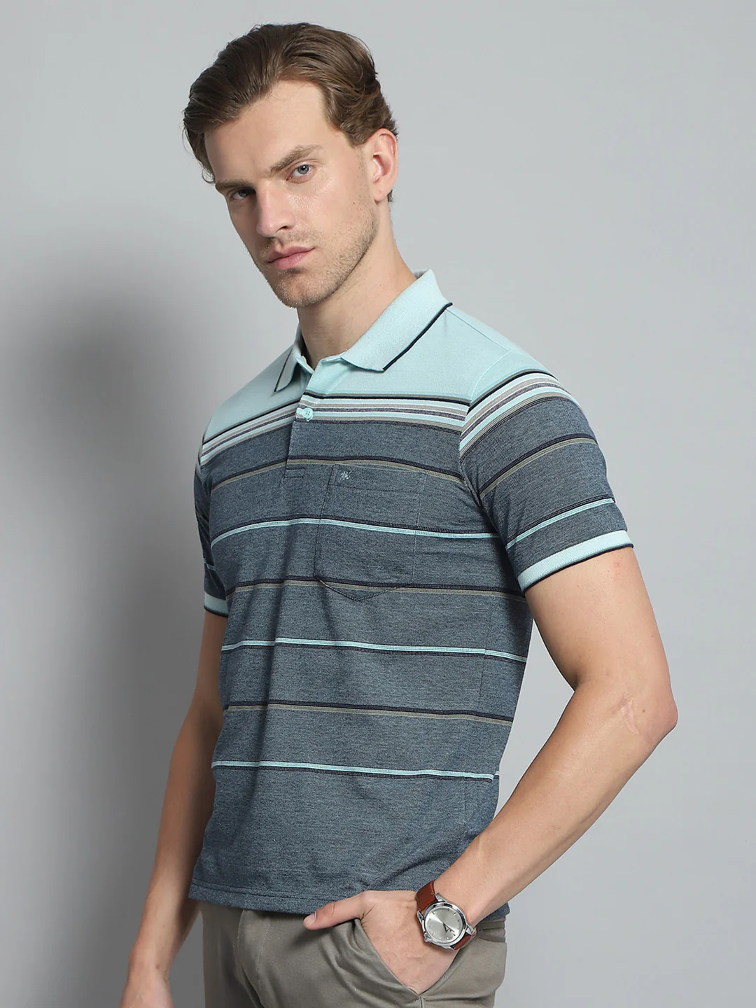 Men Green Stripe Collar Half Sleeve T-Shirt - Image 3