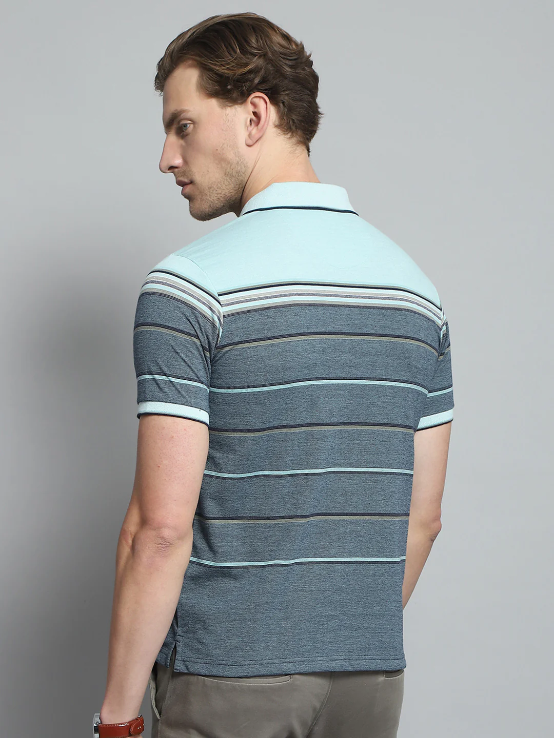 Men Green Stripe Collar Half Sleeve T-Shirt - Image 5