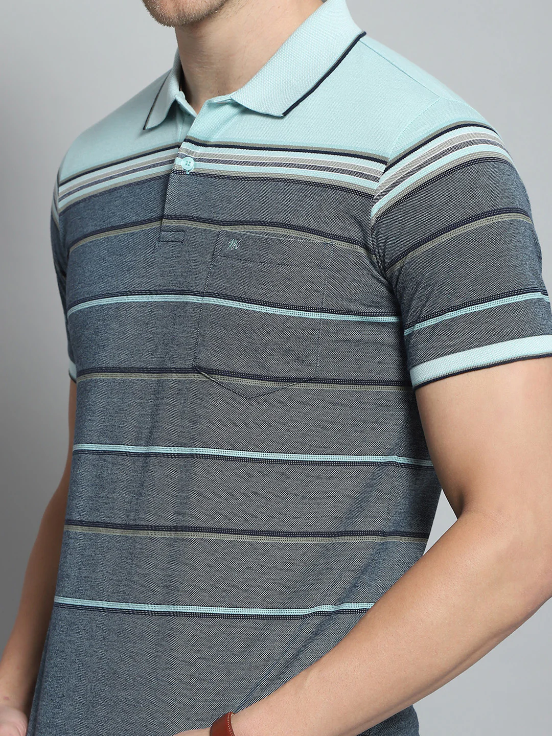 Men Green Stripe Collar Half Sleeve T-Shirt - Image 7