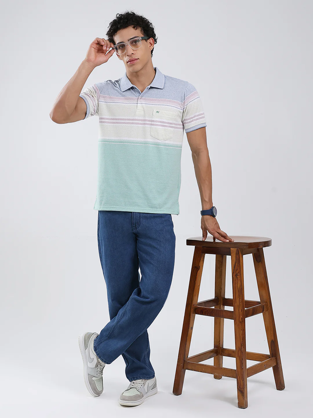 Men Green Stripe Collar Half Sleeve T-Shirt - Image 2