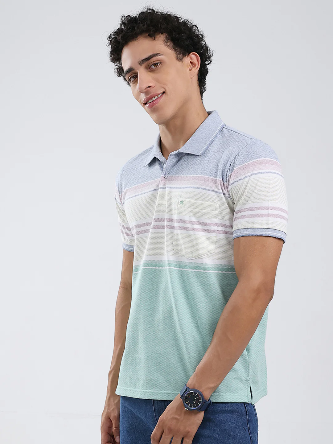 Men Green Stripe Collar Half Sleeve T-Shirt - Image 3