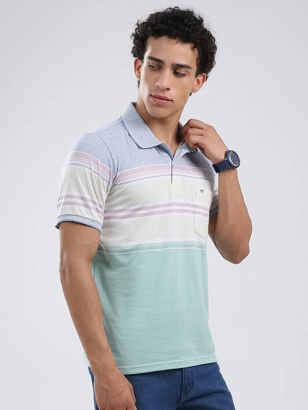 Men Green Stripe Collar Half Sleeve T-Shirt - Image 4