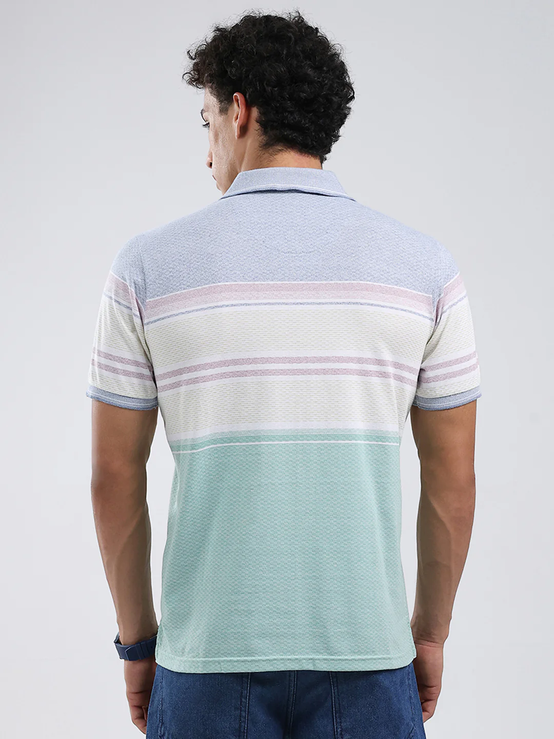 Men Green Stripe Collar Half Sleeve T-Shirt - Image 5