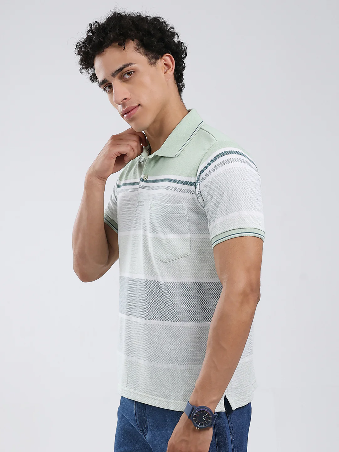 Men Green Stripe Collar Half Sleeve T-Shirt - Image 3