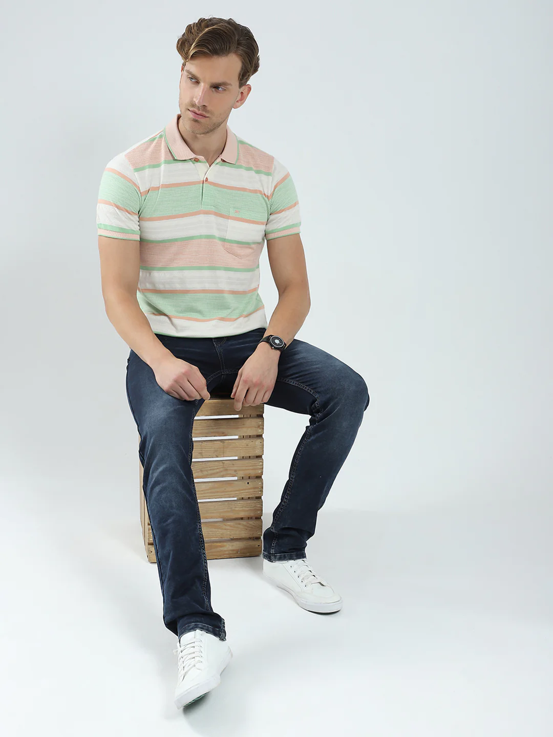Men Green Stripe Collar Half Sleeve T-Shirt - Image 2