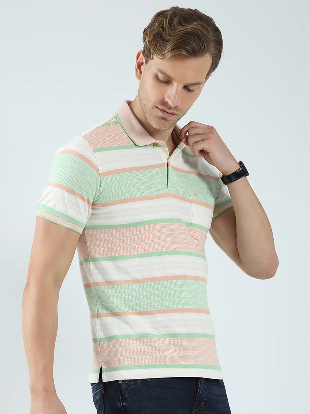 Men Green Stripe Collar Half Sleeve T-Shirt - Image 4