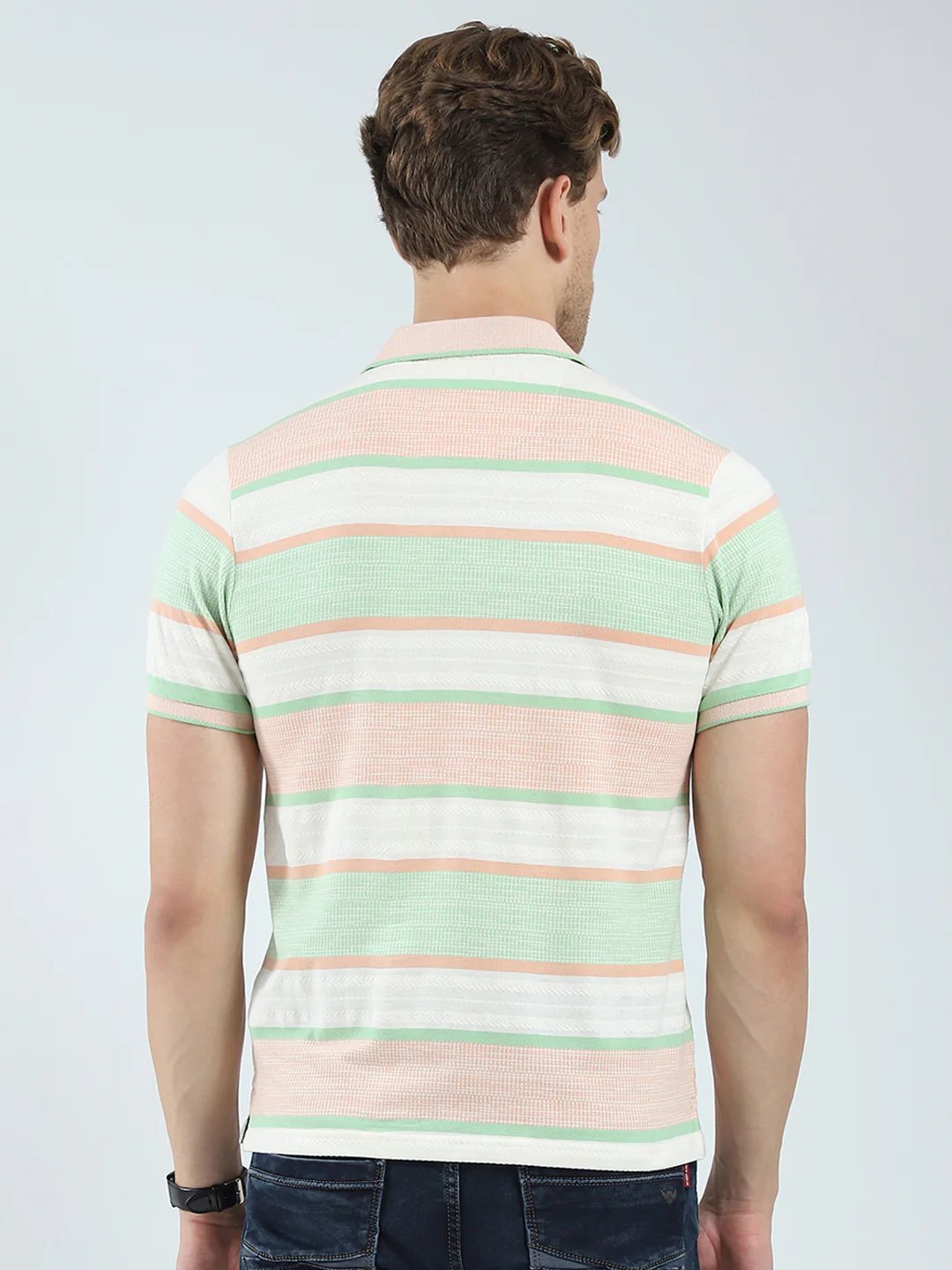 Men Green Stripe Collar Half Sleeve T-Shirt - Image 5