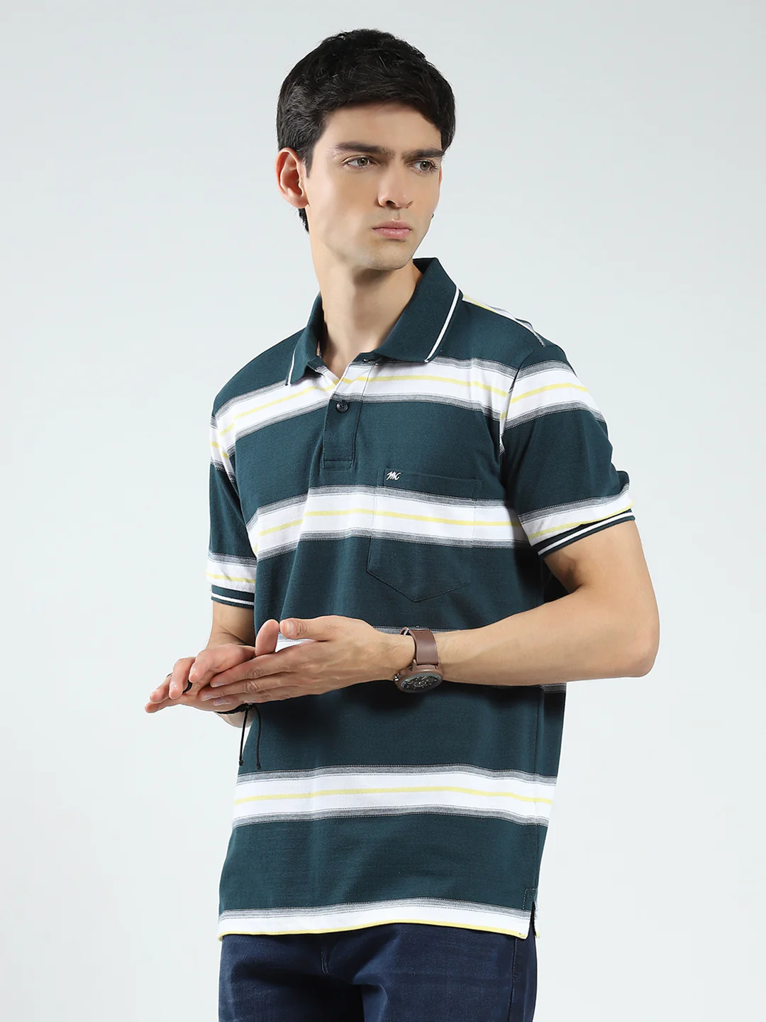 Men Green Stripe Collar Half Sleeve T-Shirt - Image 3