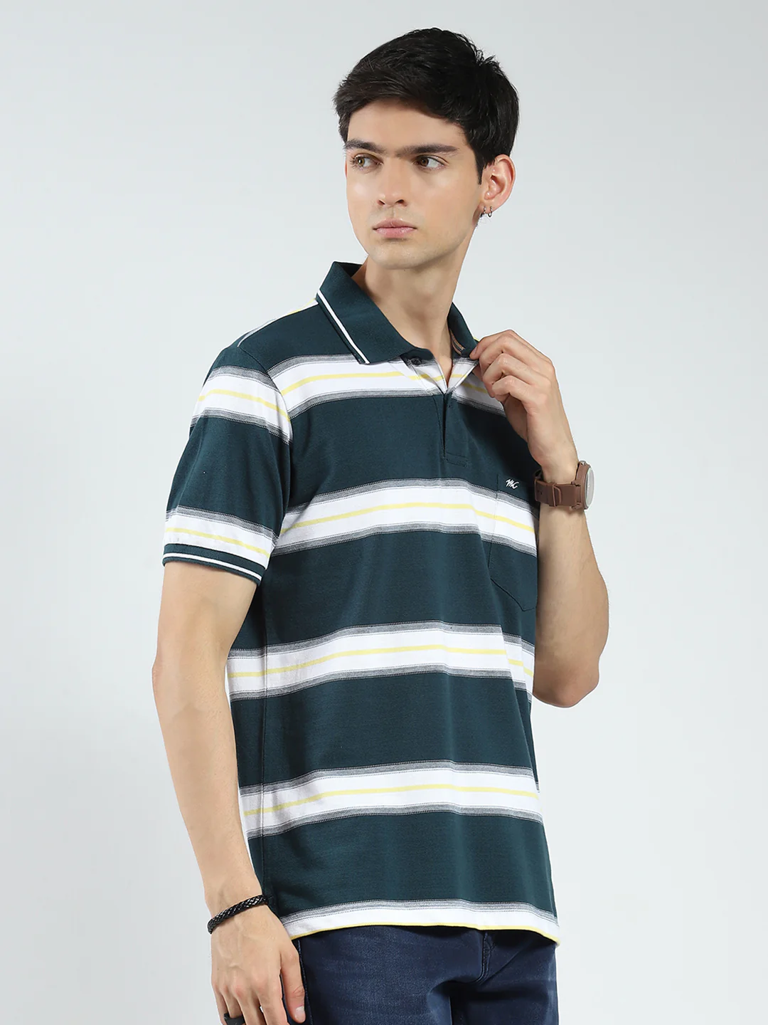 Men Green Stripe Collar Half Sleeve T-Shirt - Image 4