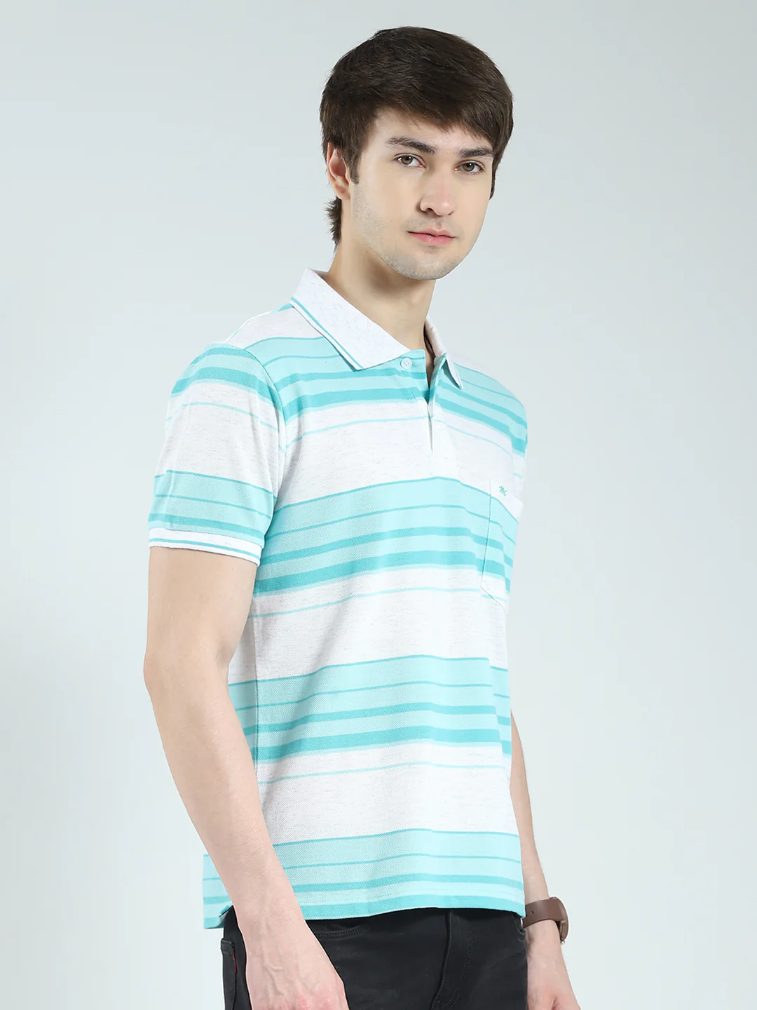Men Green Stripe Collar Half Sleeve T-Shirt - Image 4