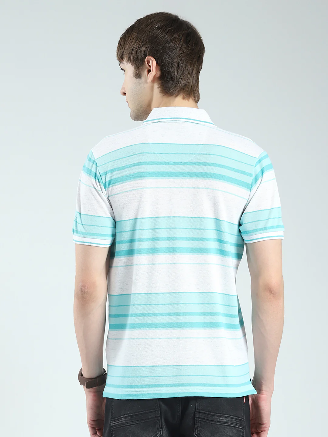 Men Green Stripe Collar Half Sleeve T-Shirt - Image 5