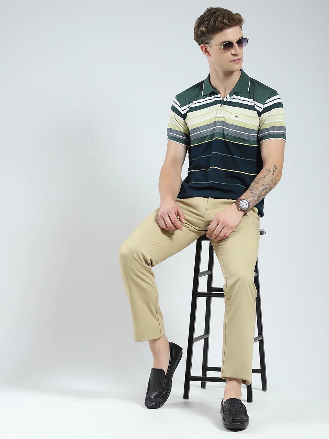 Men Green Stripe Collar Half Sleeve T-Shirt - Image 2