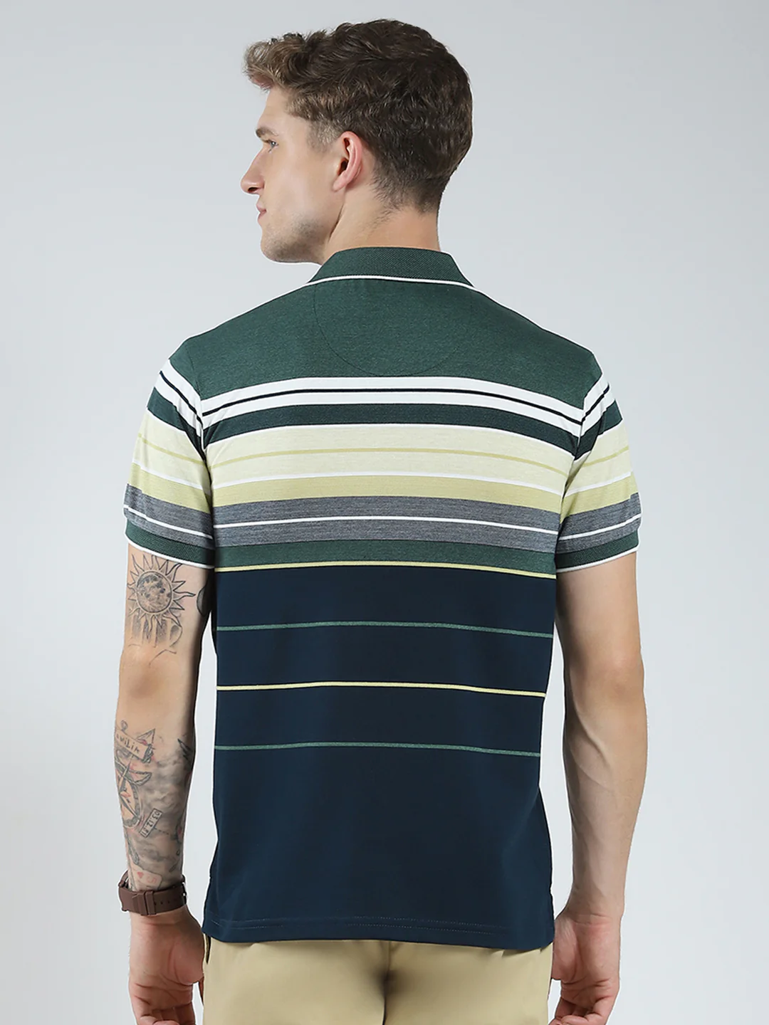 Men Green Stripe Collar Half Sleeve T-Shirt - Image 5