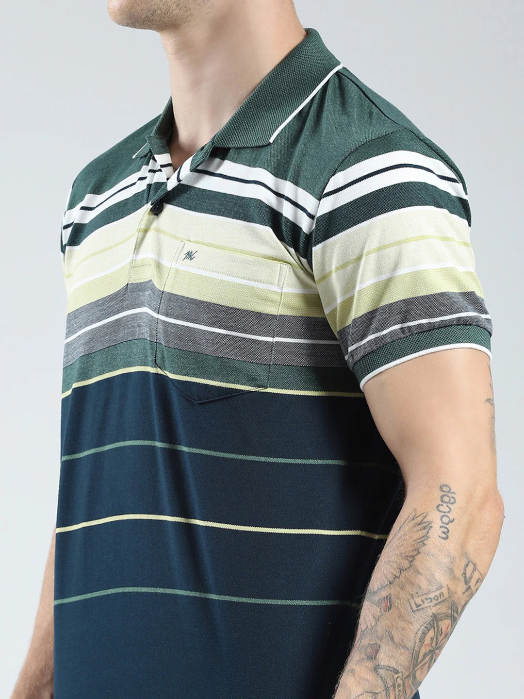 Men Green Stripe Collar Half Sleeve T-Shirt - Image 7